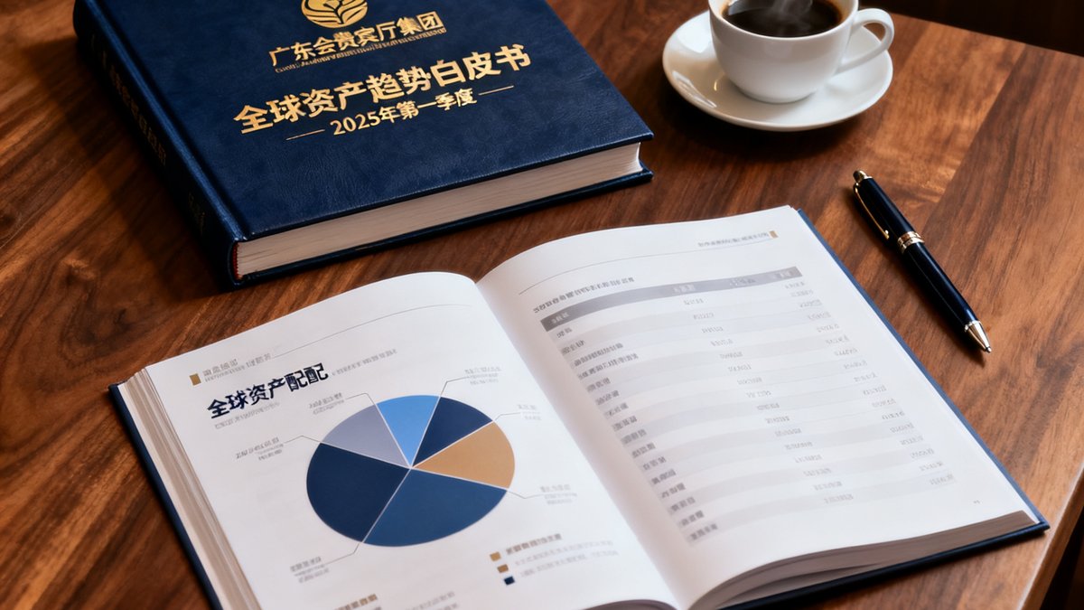 一本深蓝色硬皮精装版的全球资产趋势白皮书平放在胡桃木书桌上，封面烫金印着广东会贵宾厅集团标志和2025年第一季度字样，旁边放着一支钢笔和一杯冒着热气的咖啡，书本翻开至显示全球资产配置饼图的内页