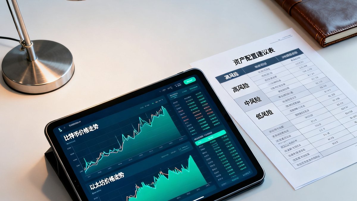 一块平板电脑屏幕上显示着比特币和以太坊的价格走势图表，旁边放置着一份标注了风险等级的资产配置建议表，背景是现代化的办公桌面