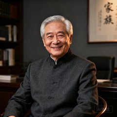 一位六十岁左右的家族企业代表周先生，他头发花白但精神矍铄，穿着深灰色中式立领外套，坐姿端正，面带慈祥的微笑，身后隐约可见家族办公室的书架和字画